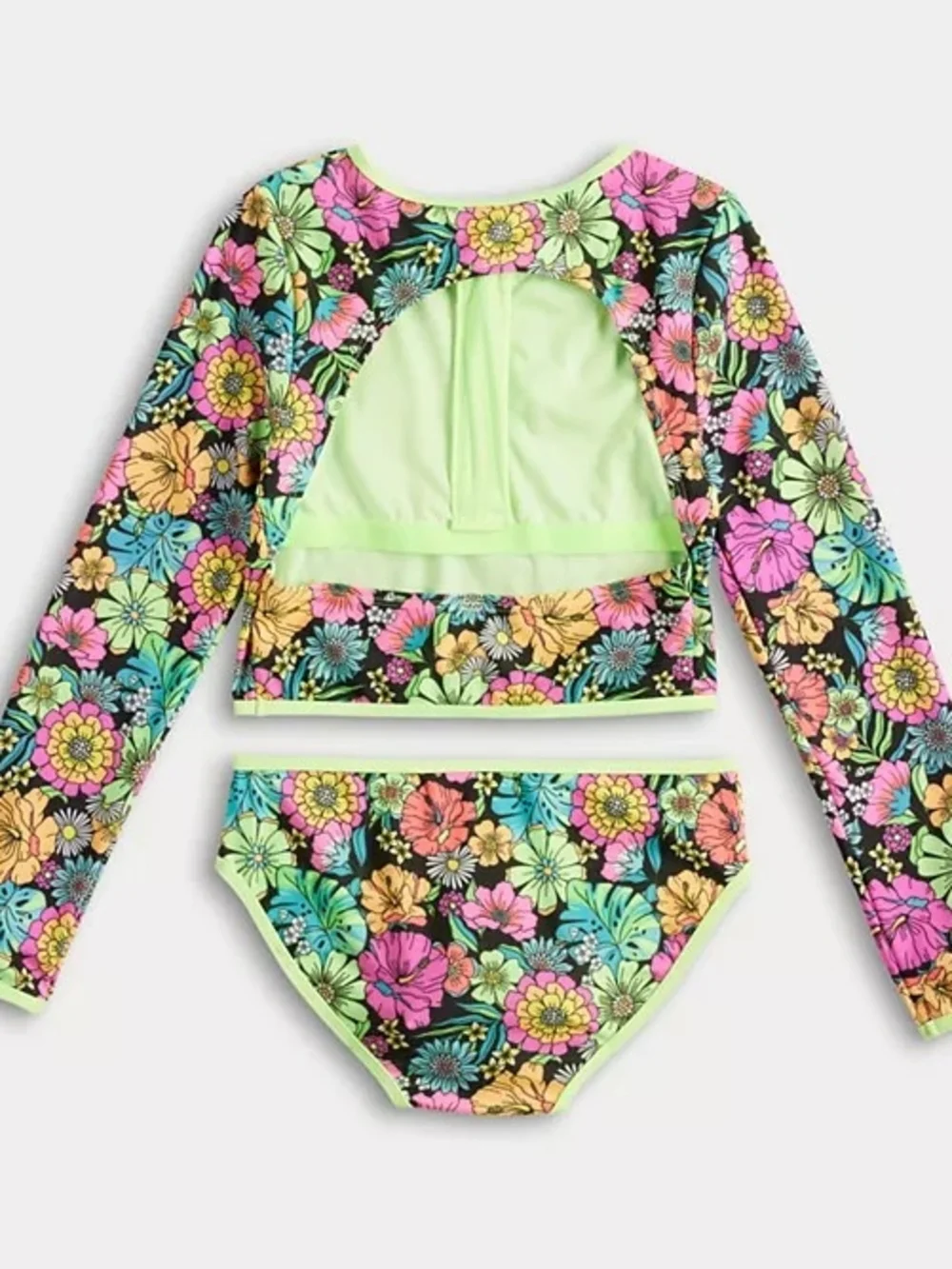 Limited Too Floral Long-Sleeve Rashguard Set in Black, Pink & Mint